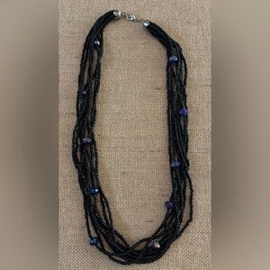 Black Multi strand Seed Bead Necklace With Blue And Purple Iridescent Beads 20”